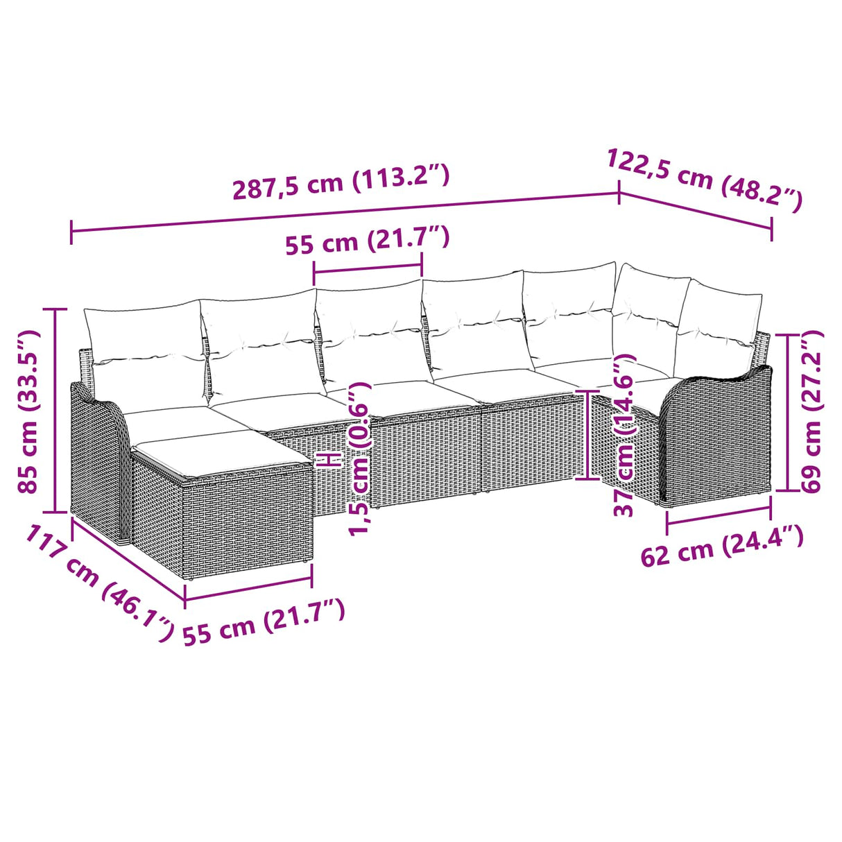 vidaXL Tuinbank Set met kussen 7 pcs Bruin Poly rattan