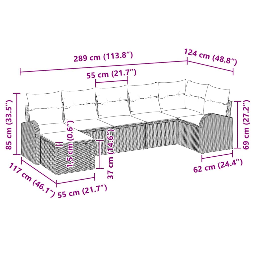 vidaXL Tuinbank Set met kussen 7 pcs Zwart Poly rattan