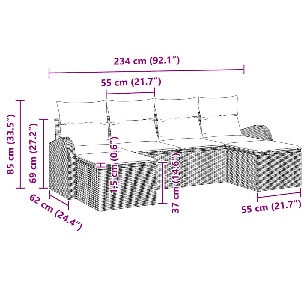 vidaXL Tuinbank Set met kussen 6 pcs Zwart Poly Riet