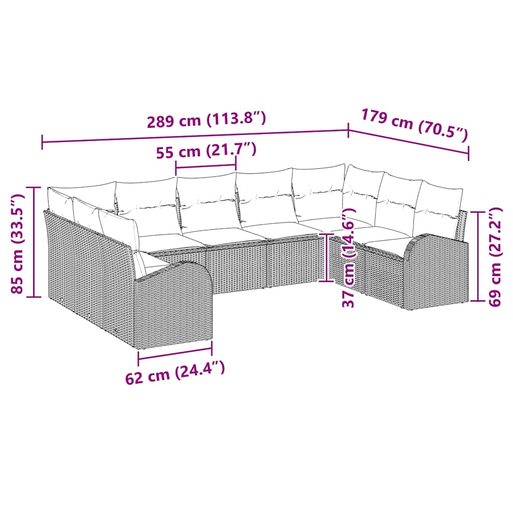 vidaXL Bankstel met kussen 9 pcs Zwart Poly Riet