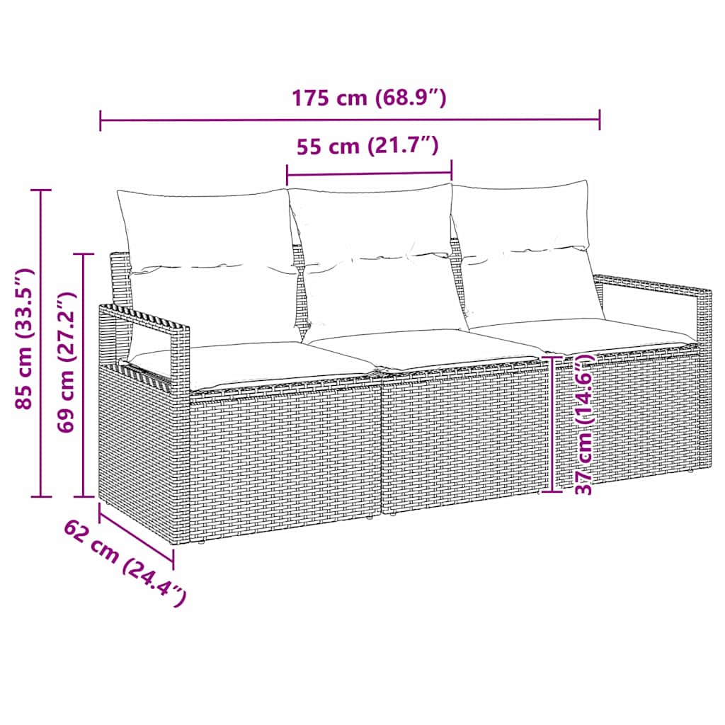 vidaXL Bankstel 3 pcs Zwart poly rattan