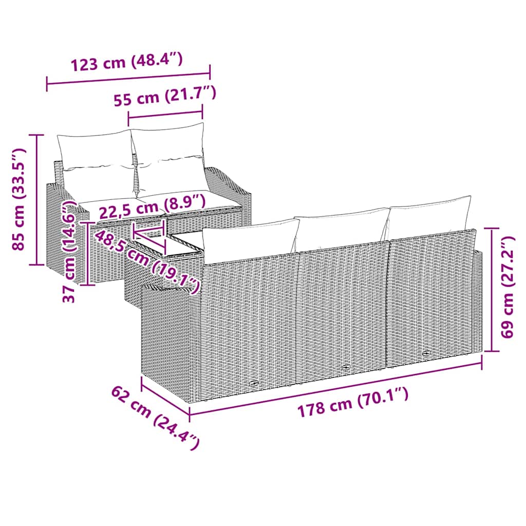 vidaXL Bankstel met kussen met kussen 6 pcs Zwart en Crème poly rattan