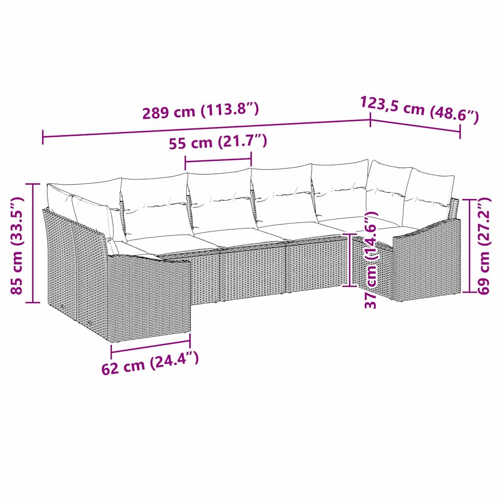 vidaXL Bankstel met kussen 7 pcs Zwart poly rattan