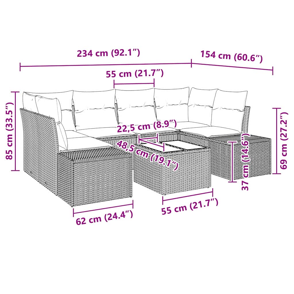 vidaXL Tuinbank Set met kussen 7 pcs Zwart poly rattan
