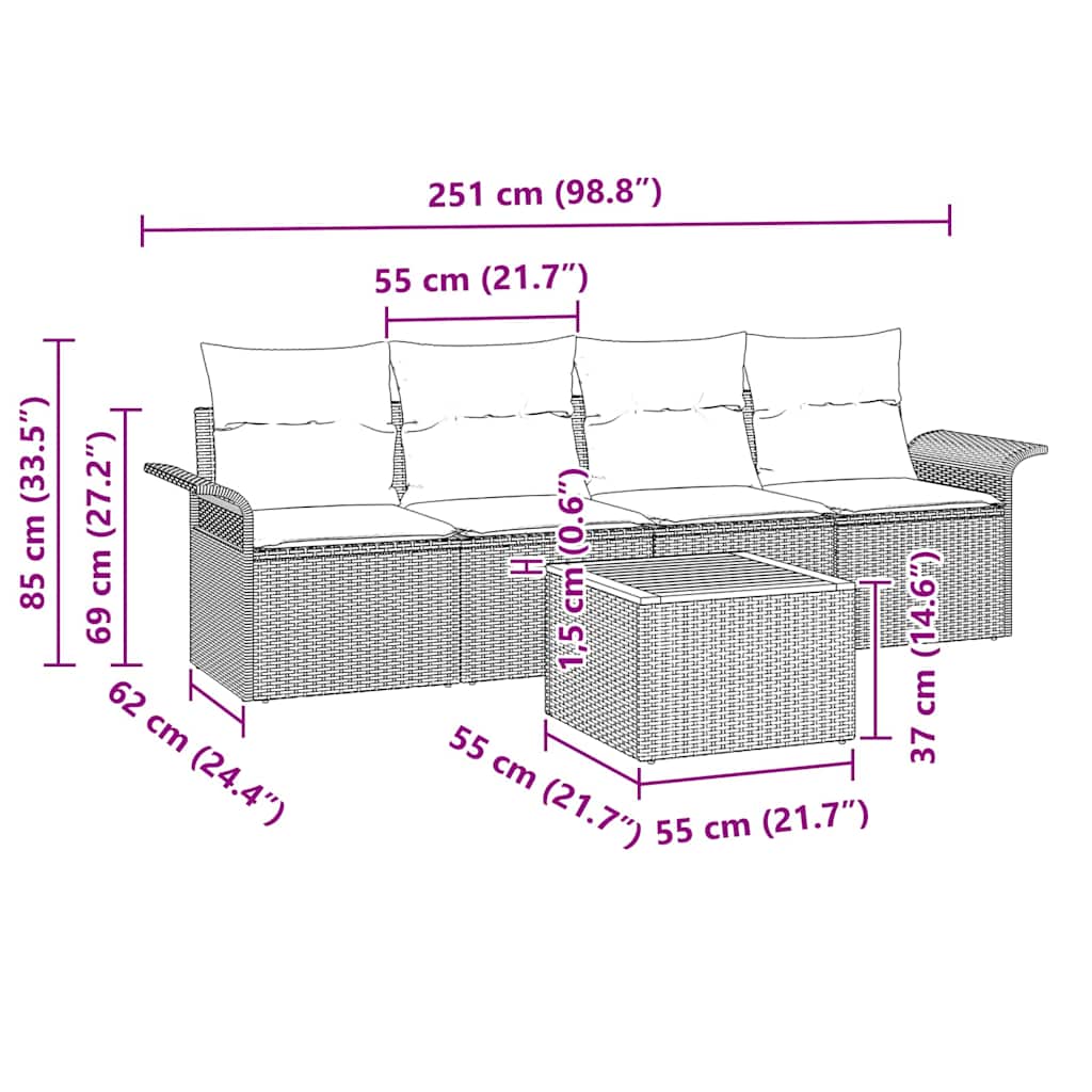 vidaXL Garden Sofa Set with cushions 5 pcs Black poly rattan