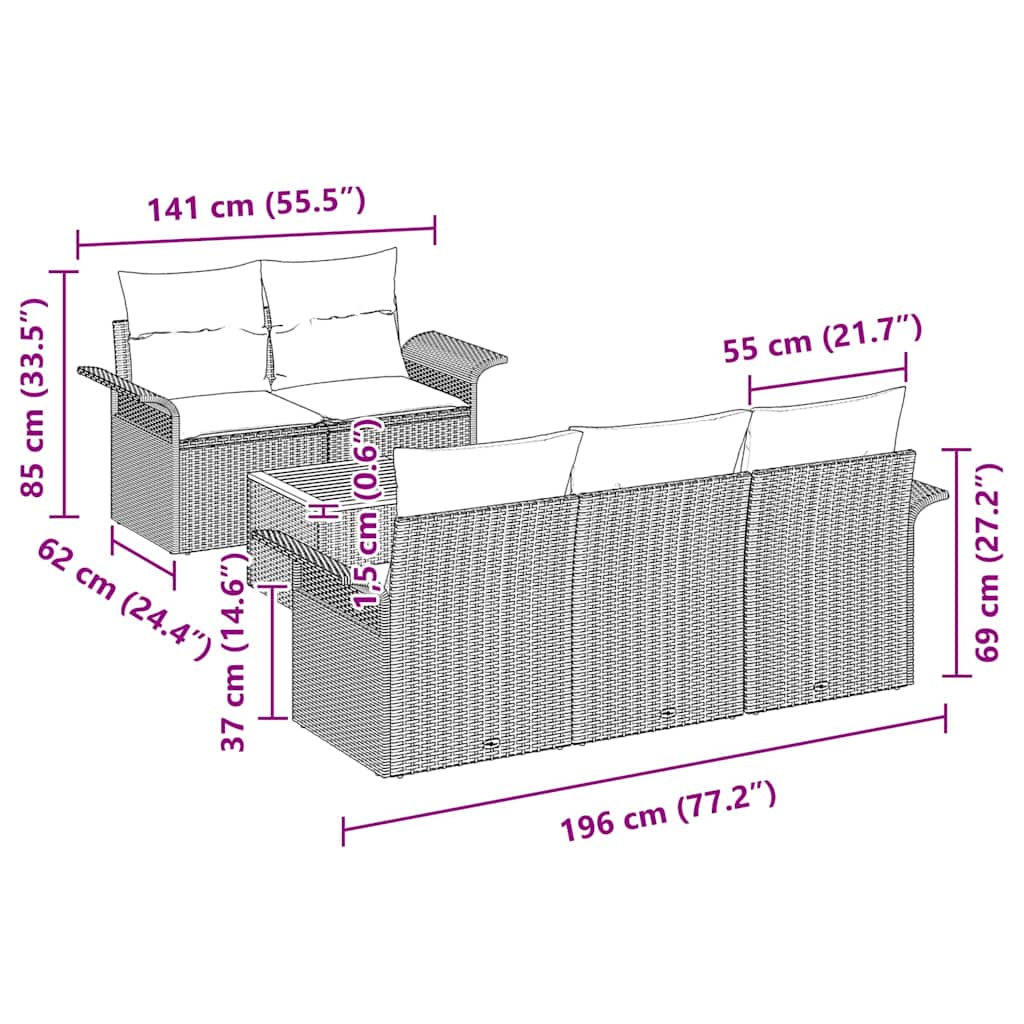 vidaXL Tuinbank Set met kussen 6 pcs Zwart poly rattan