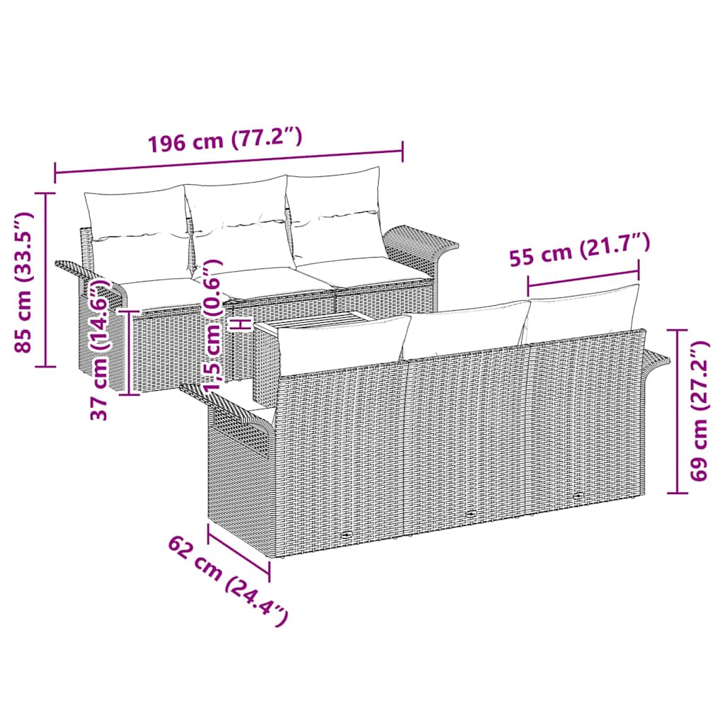 vidaXL Tuinbank Set met kussen 7 pcs Zwart poly rattan