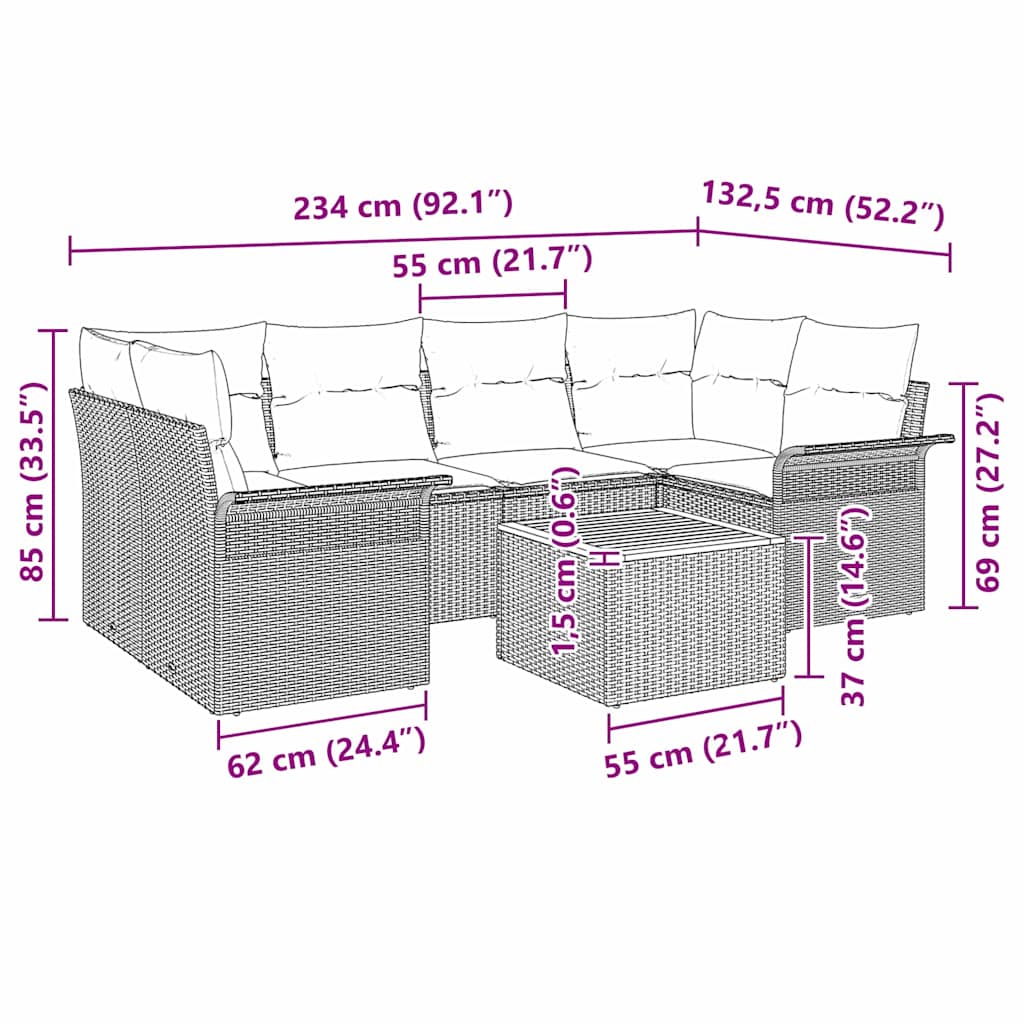 vidaXL Garden Sofa Set with cushions 7 pcs Black poly rattan