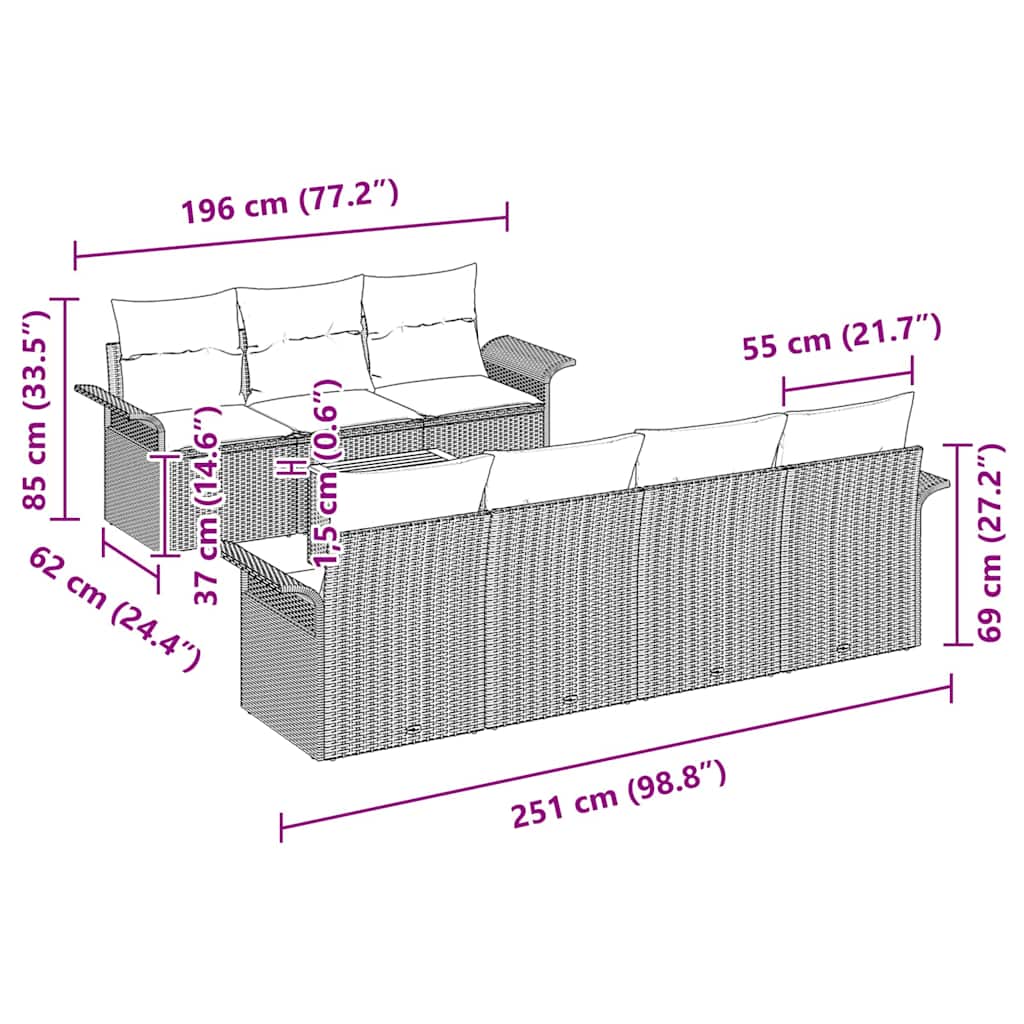 vidaXL Tuinbank Set met kussen 8 pcs Zwart poly rattan