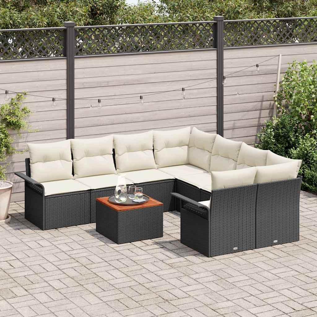 vidaXL Tuinbank Set met kussen 9 pcs Zwart poly rattan