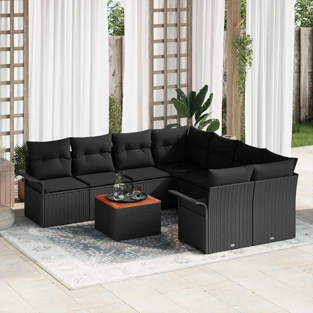 vidaXL Tuinbank Set met kussen 9 pcs Zwart poly rattan