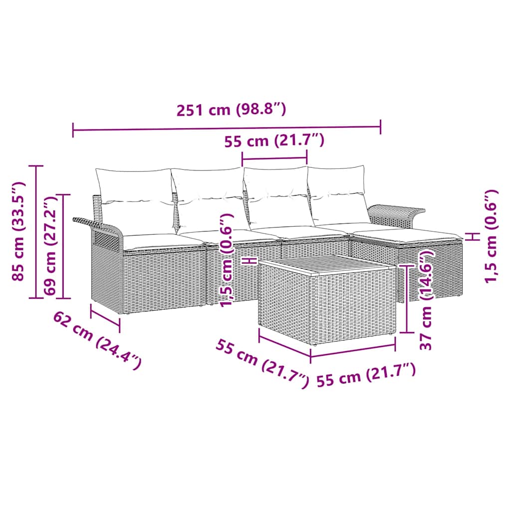 vidaXL Tuinbank Set met kussen 6 pcs Zwart poly rattan