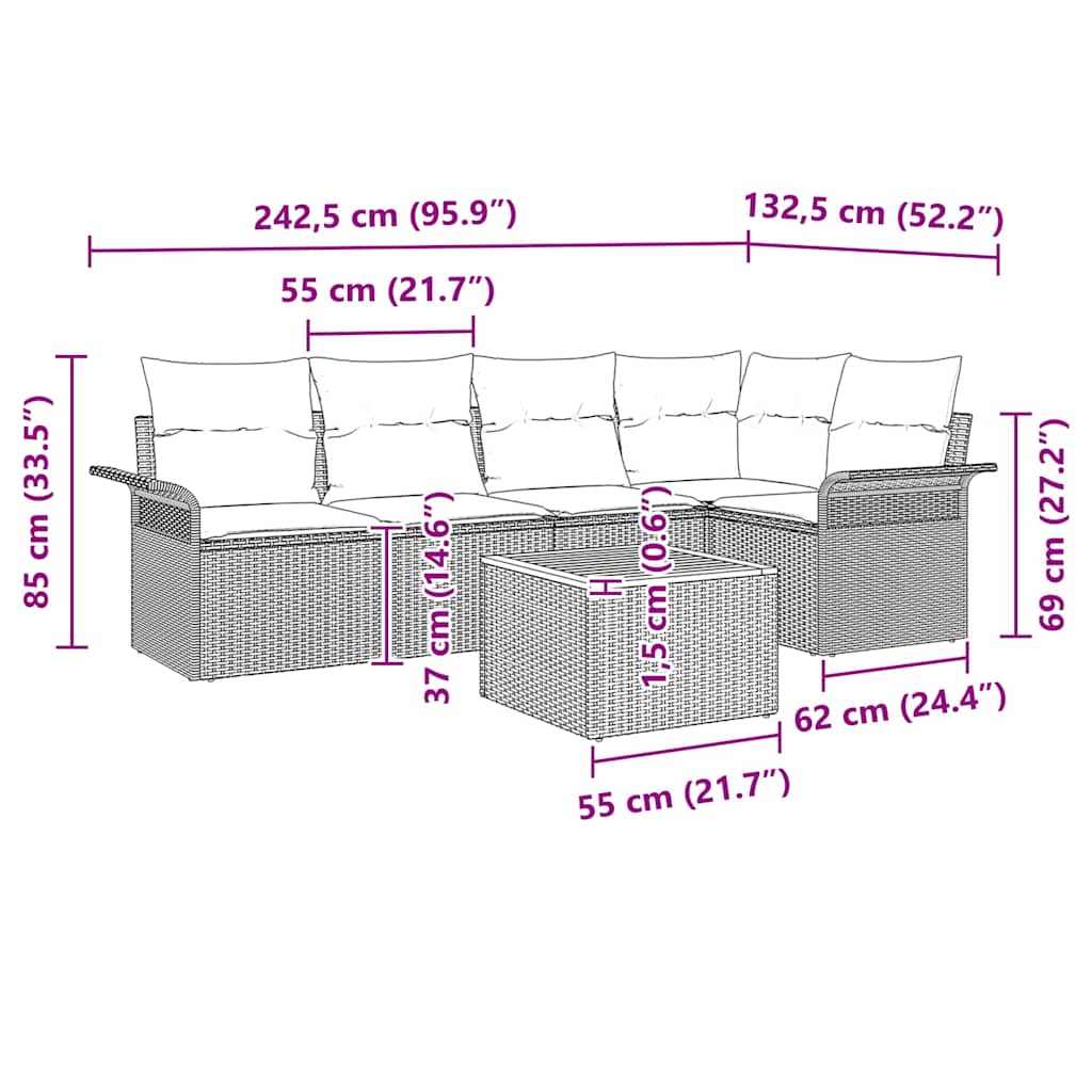 vidaXL Tuinbank Set met kussen 6 pcs Zwart poly rattan