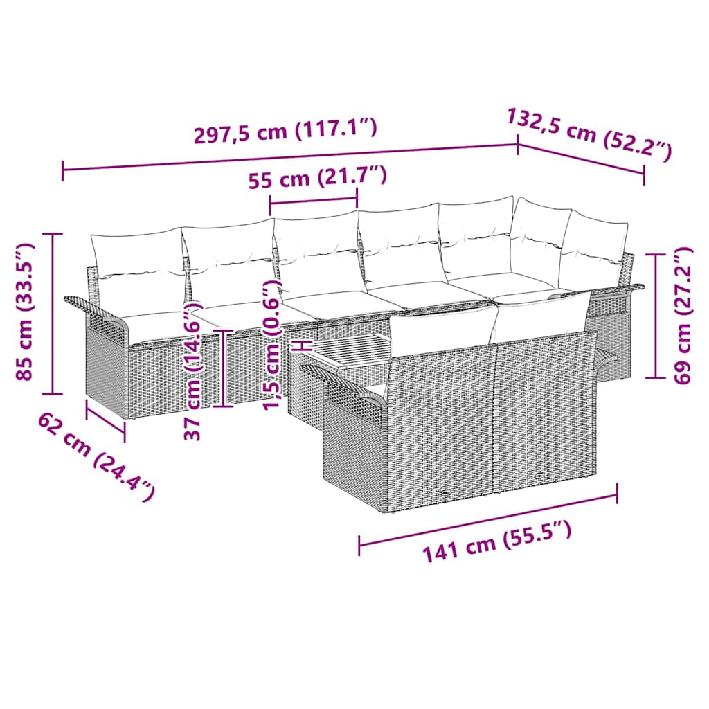 vidaXL Tuinbank Set met kussen 9 pcs Zwart poly rattan