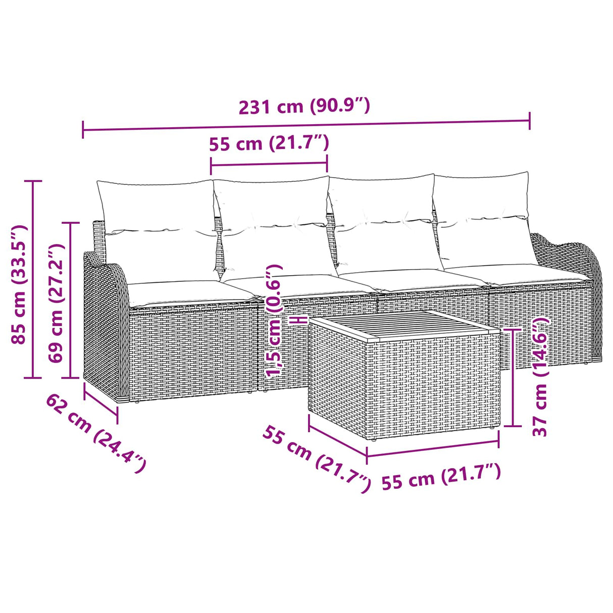 vidaXL Tuinbank Set 5 st Grijs poly rattan