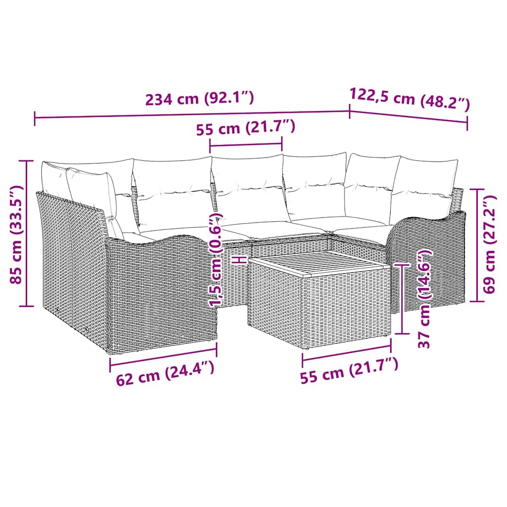 vidaXL Tuinbank Set met kussen 7 pcs Zwart poly rattan
