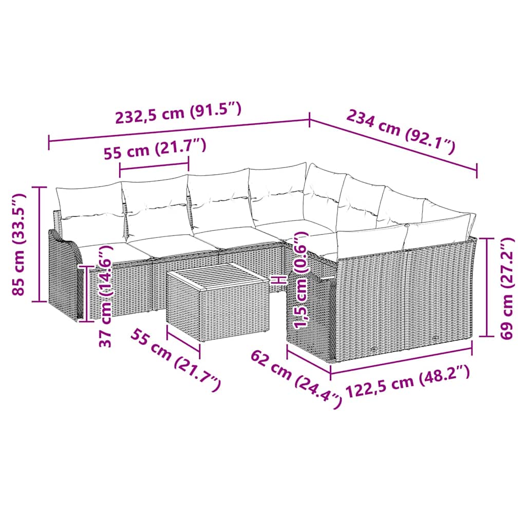 vidaXL Tuinbank Set met kussen 9 pcs Zwart poly rattan