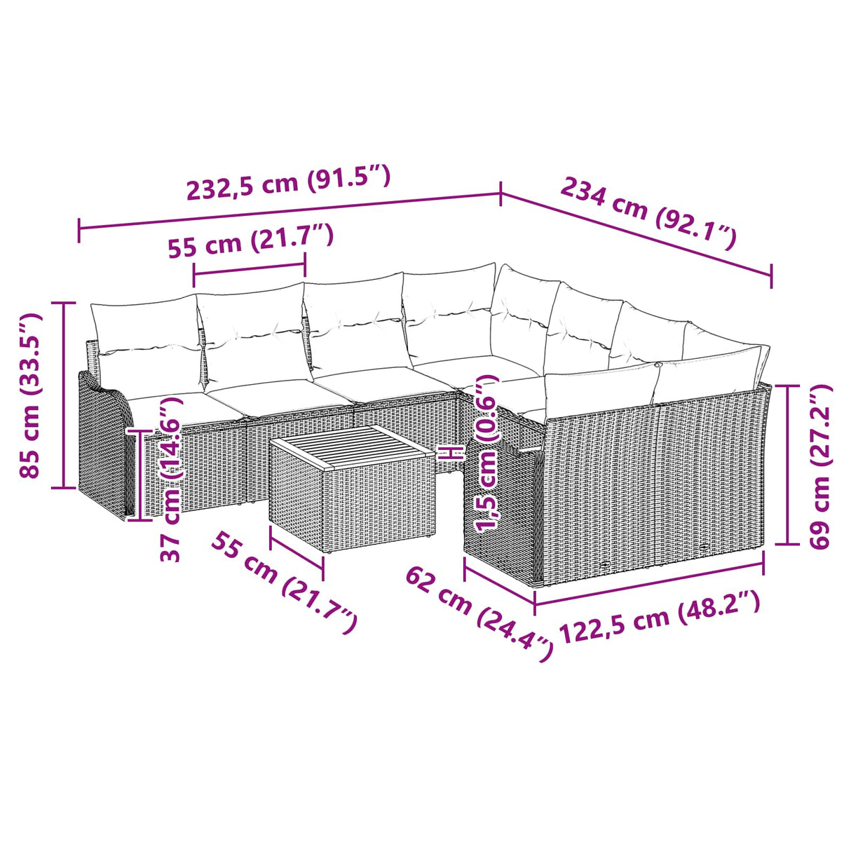 vidaXL Tuinbank Set 9 st Grijs poly rattan