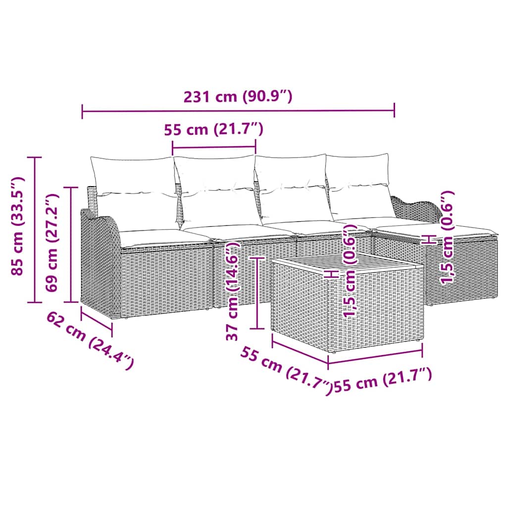vidaXL Tuinbank Set met kussen 6 pcs Zwart poly rattan