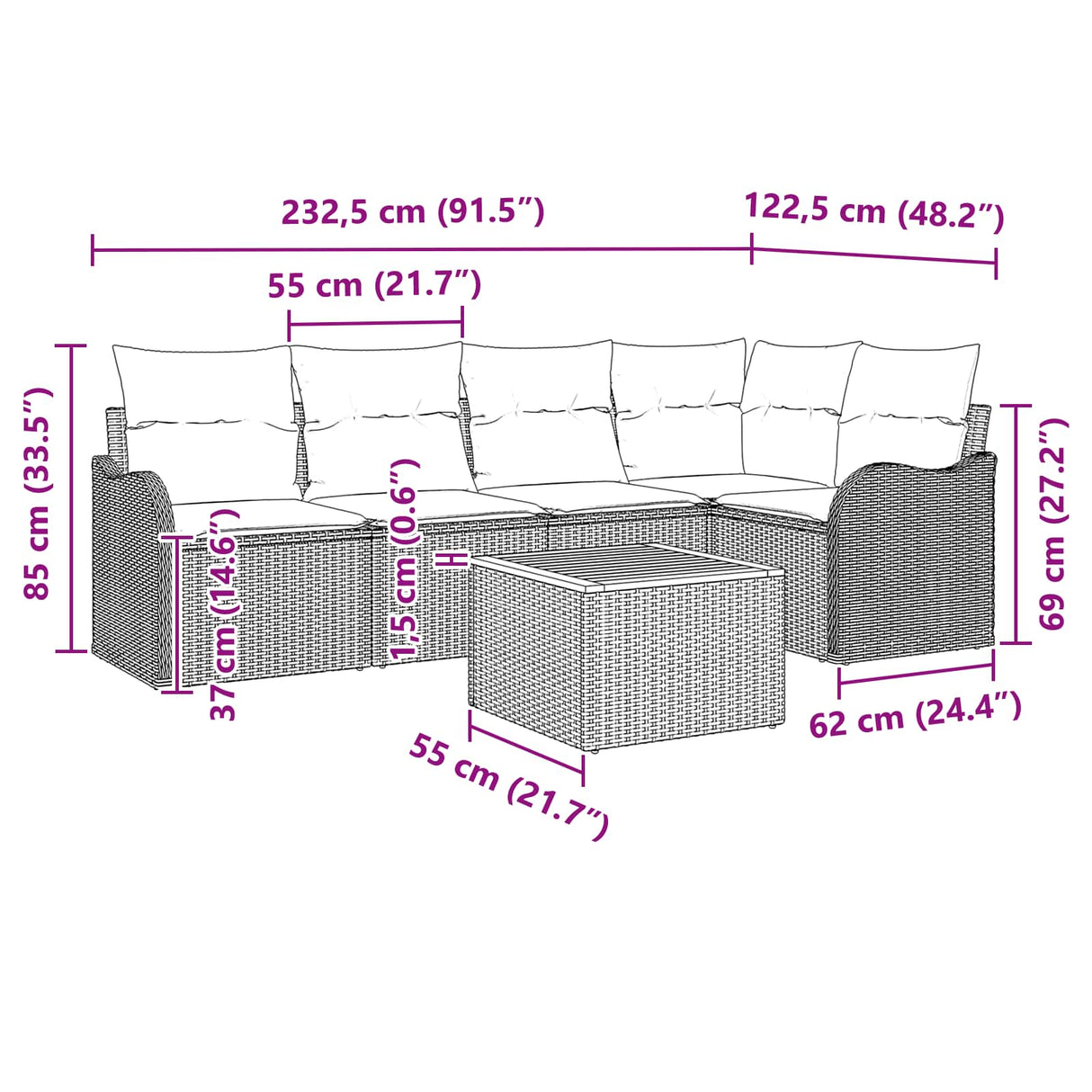 vidaXL Tuinbank Set 6 st Grijs poly rattan