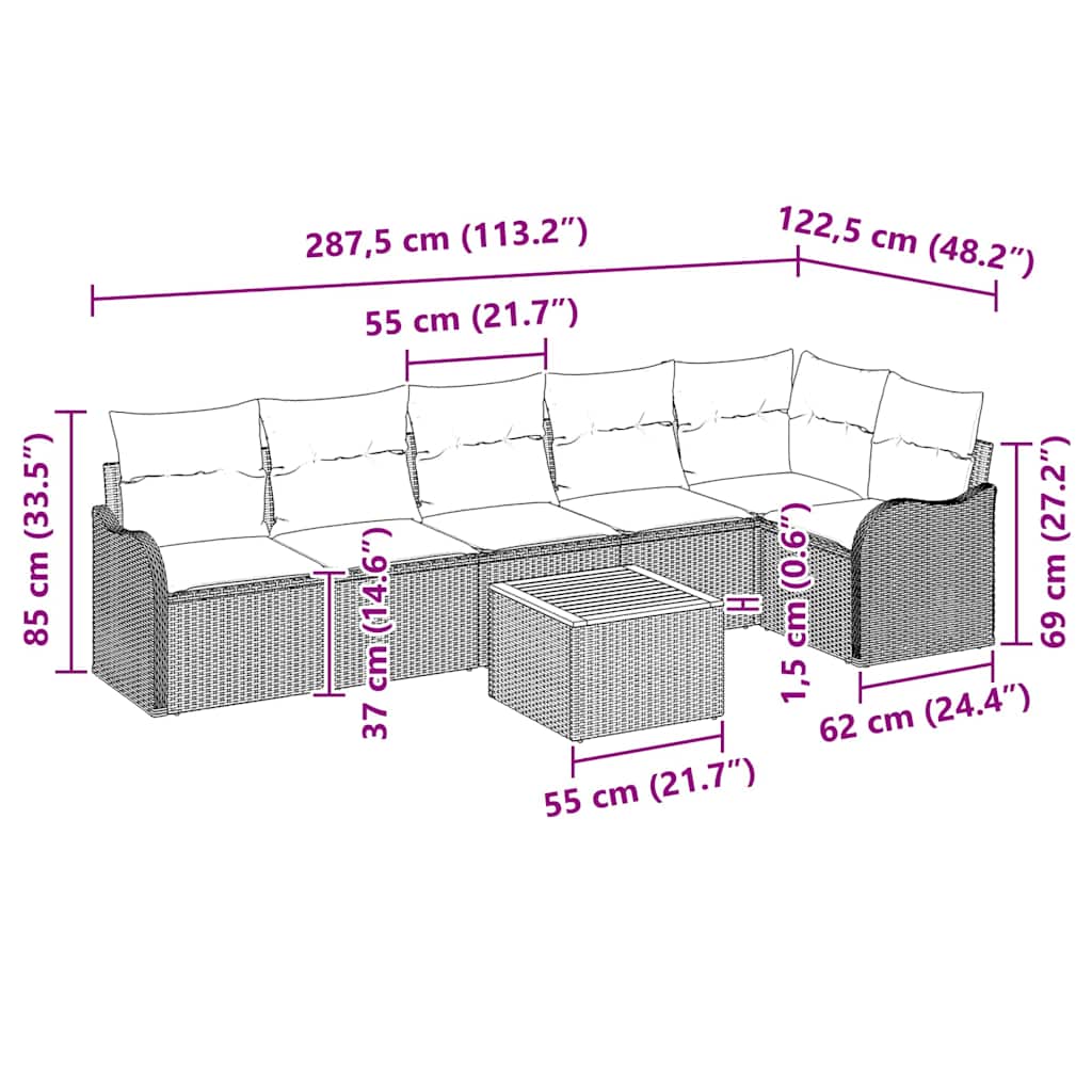 vidaXL Tuinbank Set met kussen 7 pcs Zwart poly rattan