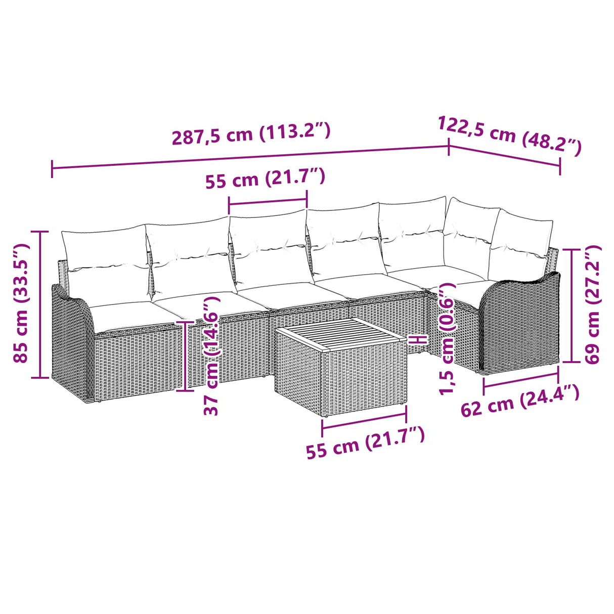 vidaXL Garden Lounge Set 7 pcs Grey poly rattan