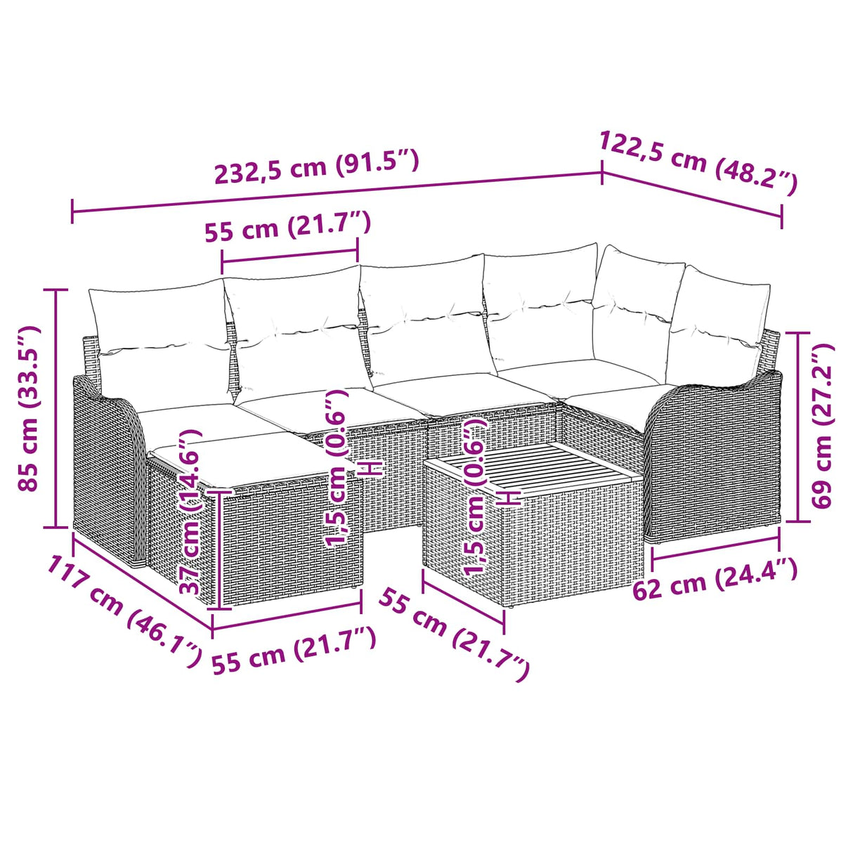 vidaXL Tuinbank Set 7 st Grijs poly rattan