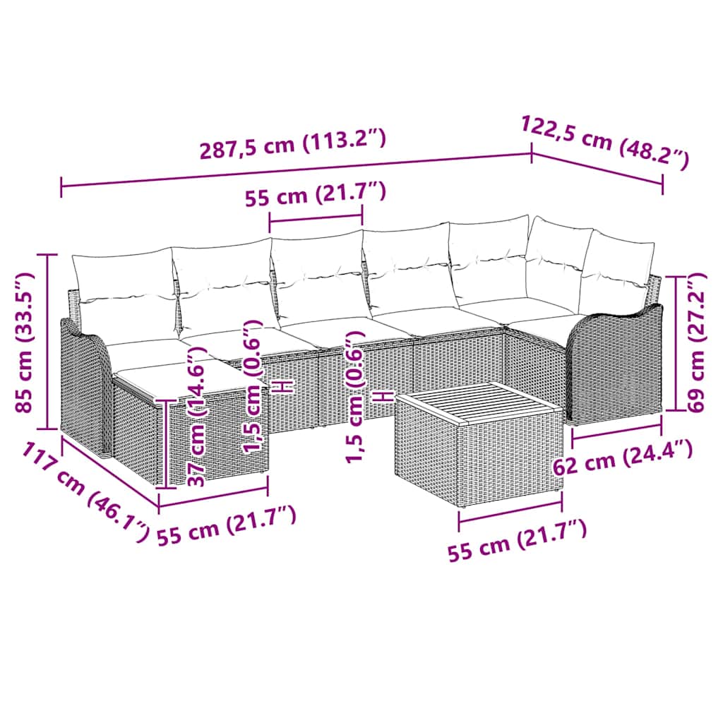 vidaXL Tuinbank Set met kussen 8 pcs Zwart poly rattan