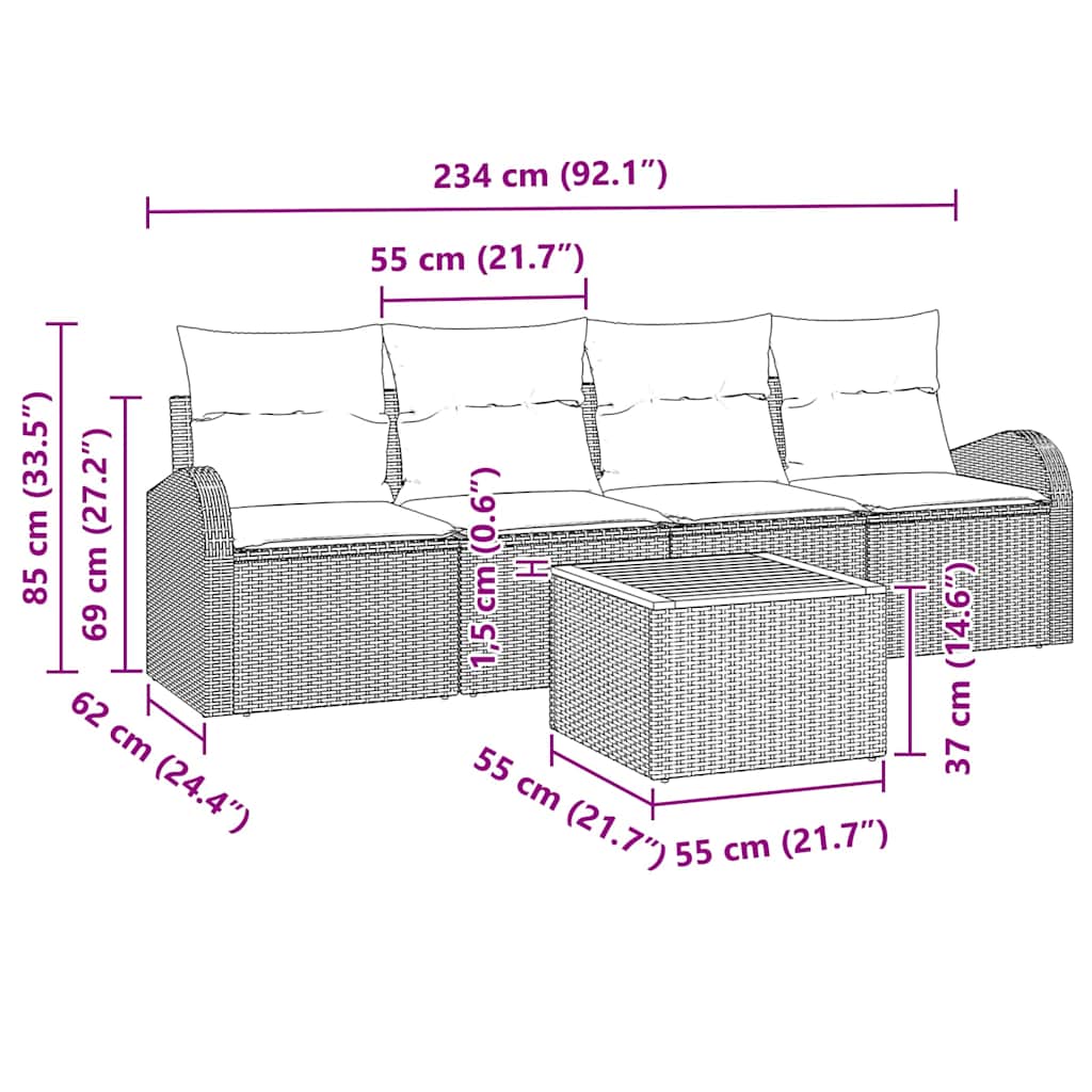 vidaXL Tuinbank Set met kussen 5 pcs Zwart poly rattan