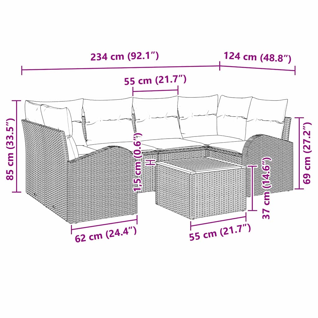 vidaXL Tuinbank Set met kussen 7 pcs Zwart poly rattan