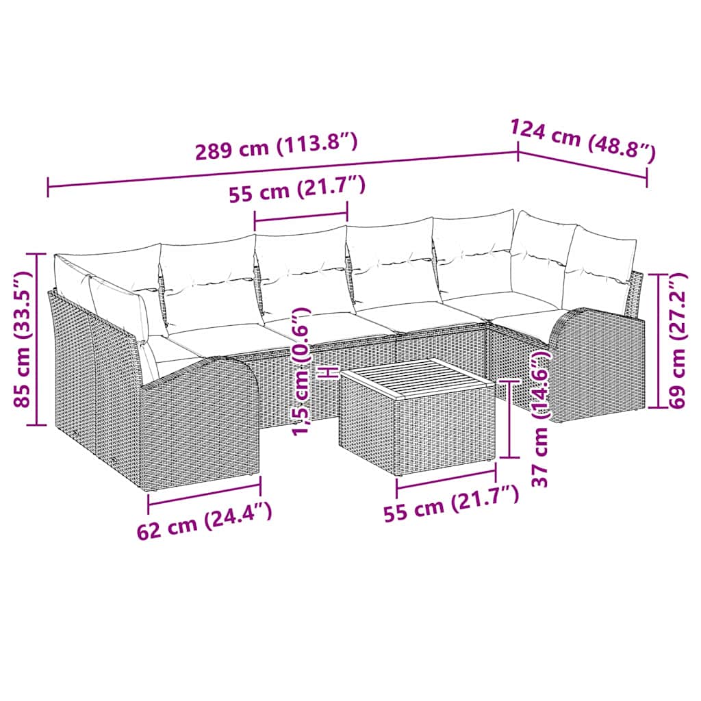 vidaXL Tuinbank Set met kussen 8 pcs Zwart poly rattan