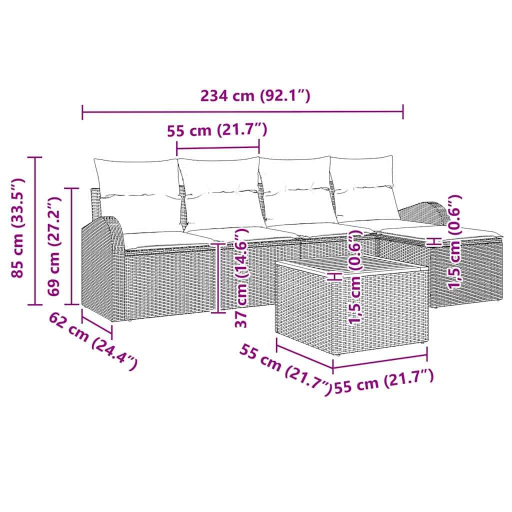 vidaXL Tuinbank Set met kussen 6 pcs Zwart poly rattan