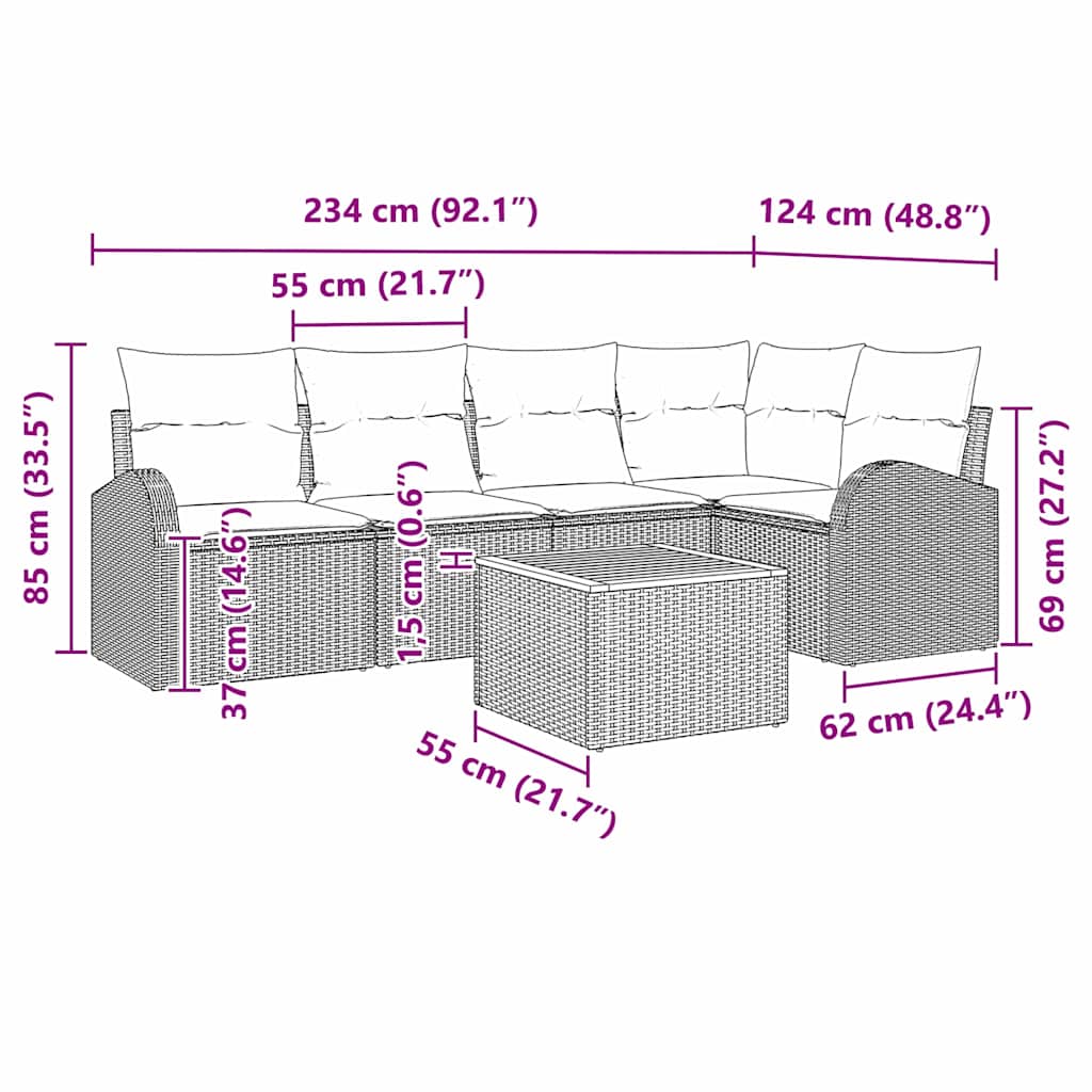 vidaXL Tuinbank Set met kussen 6 pcs Zwart poly rattan