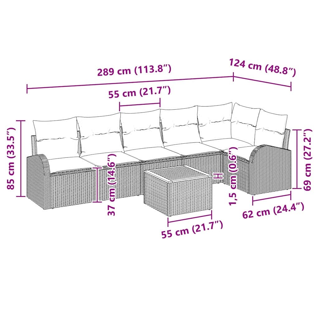 vidaXL Tuinbank Set met kussen 7 pcs Zwart poly rattan