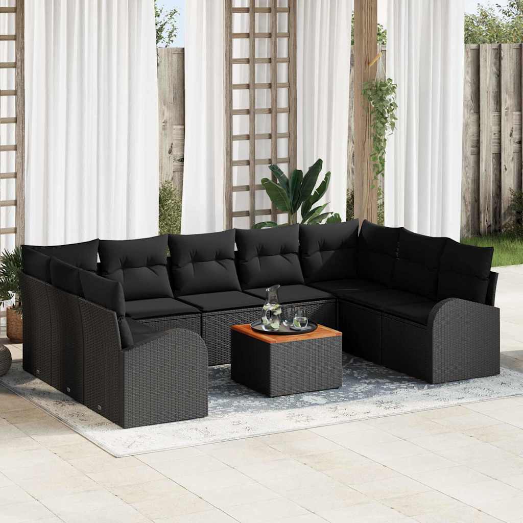 vidaXL Tuinbank Set met kussen 10 pcs Zwart poly rattan