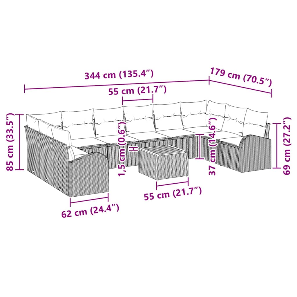 vidaXL Tuinbank Set met kussen 11 pcs Zwart poly rattan