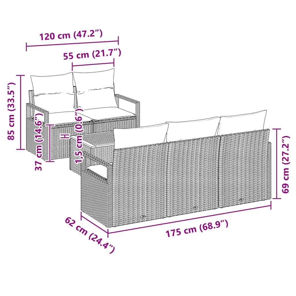 vidaXL Tuinbank Set met kussen 6 pcs Zwart poly rattan