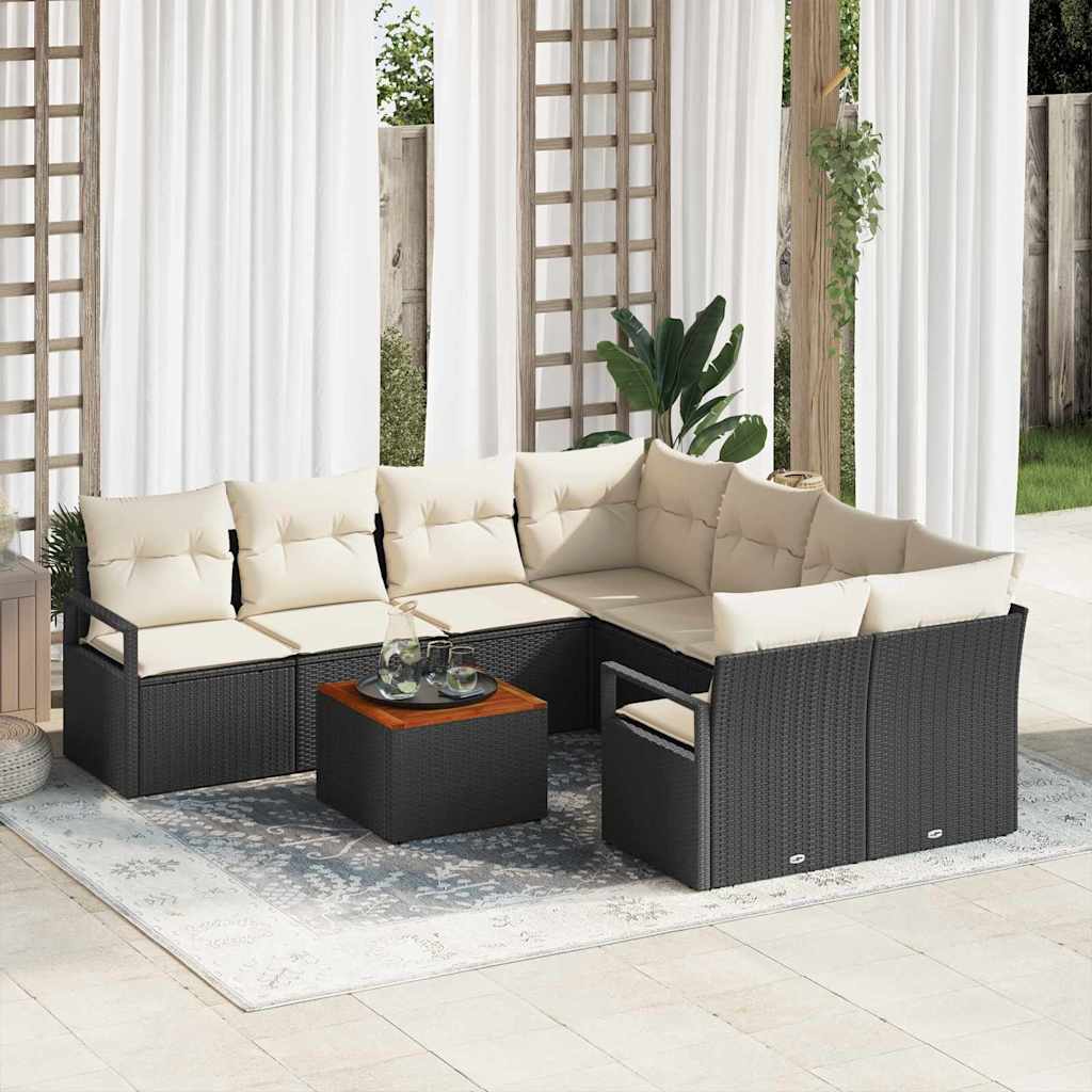 vidaXL Tuinbank Set met kussen 9 pcs Zwart poly rattan