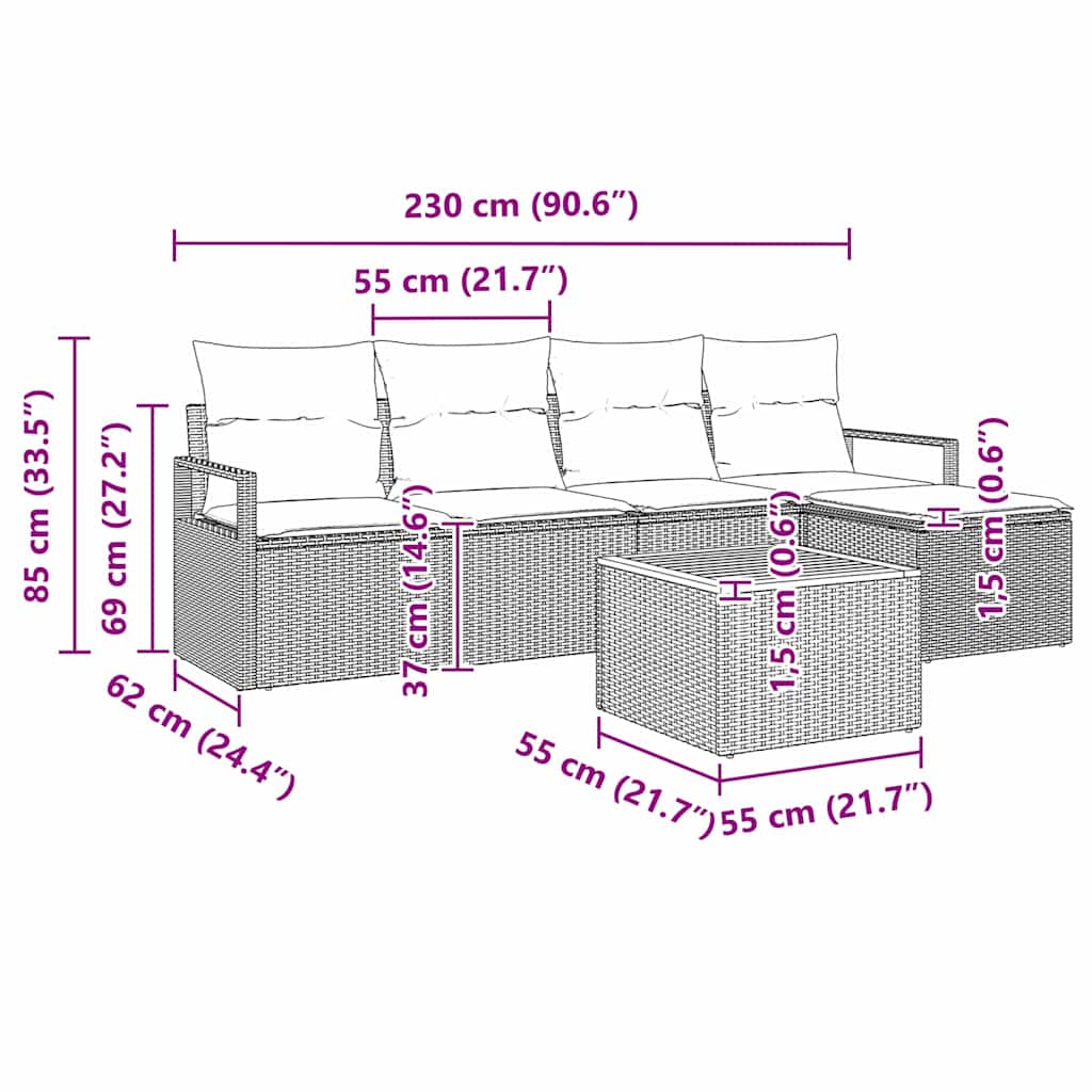 vidaXL Tuinbank Set met kussen 6 pcs Zwart poly rattan