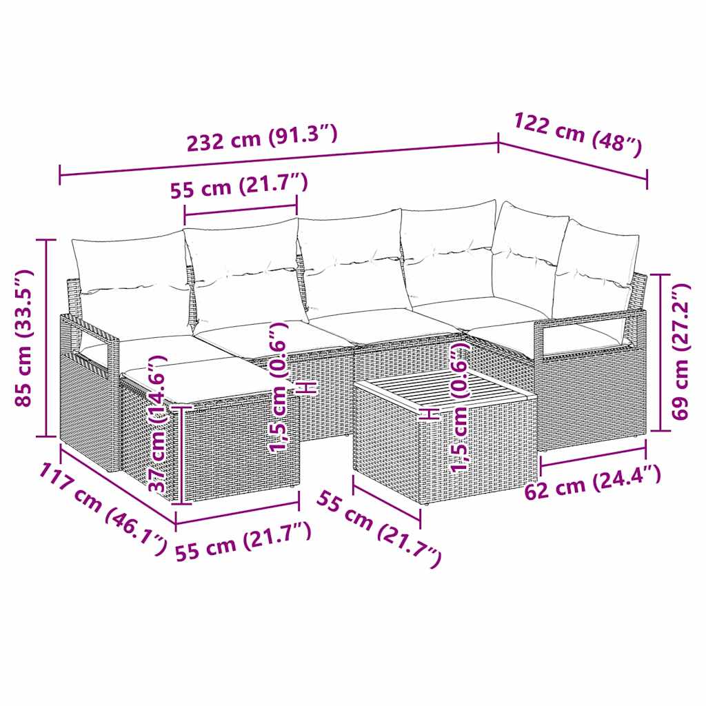 vidaXL Tuinbank Set met kussen 7 pcs Zwart poly rattan