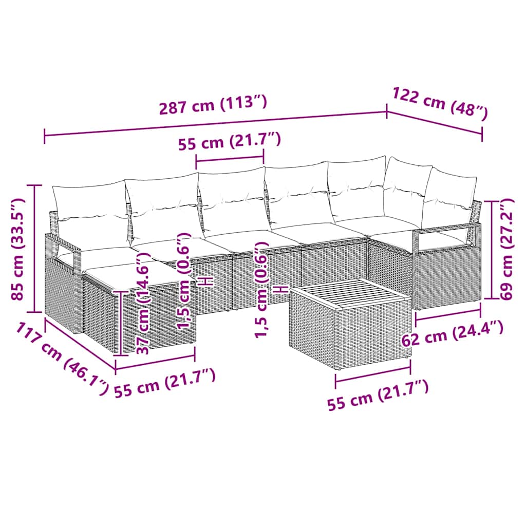 vidaXL Tuinbank Set met kussen 8 pcs Zwart poly rattan