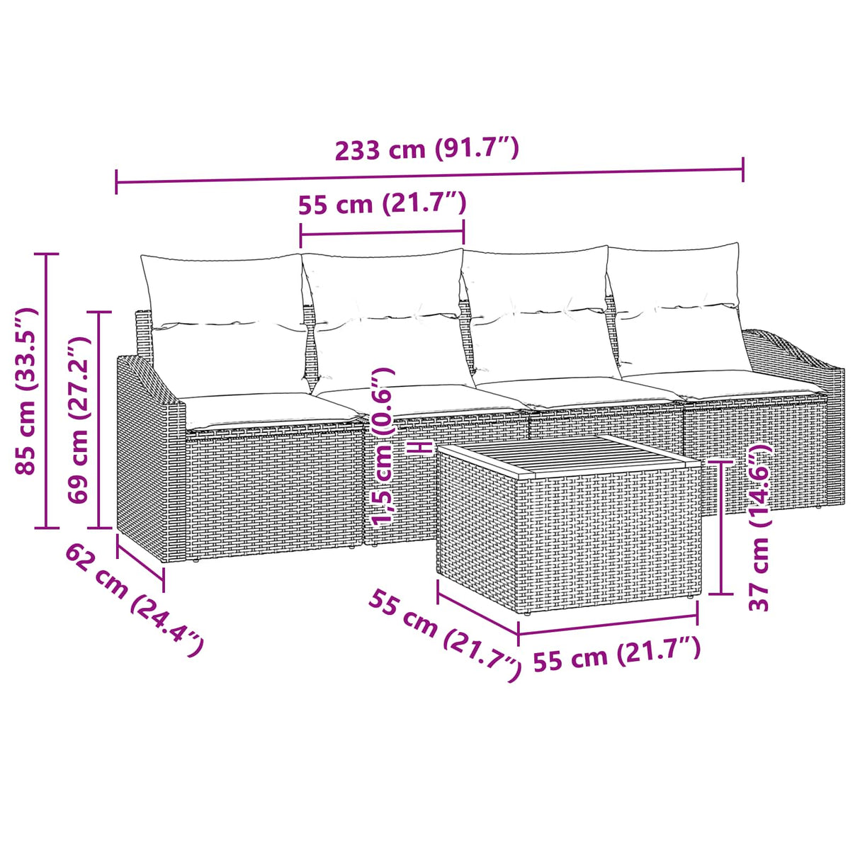vidaXL Tuinbank Set met kussen 5 pcs Zwart poly rattan