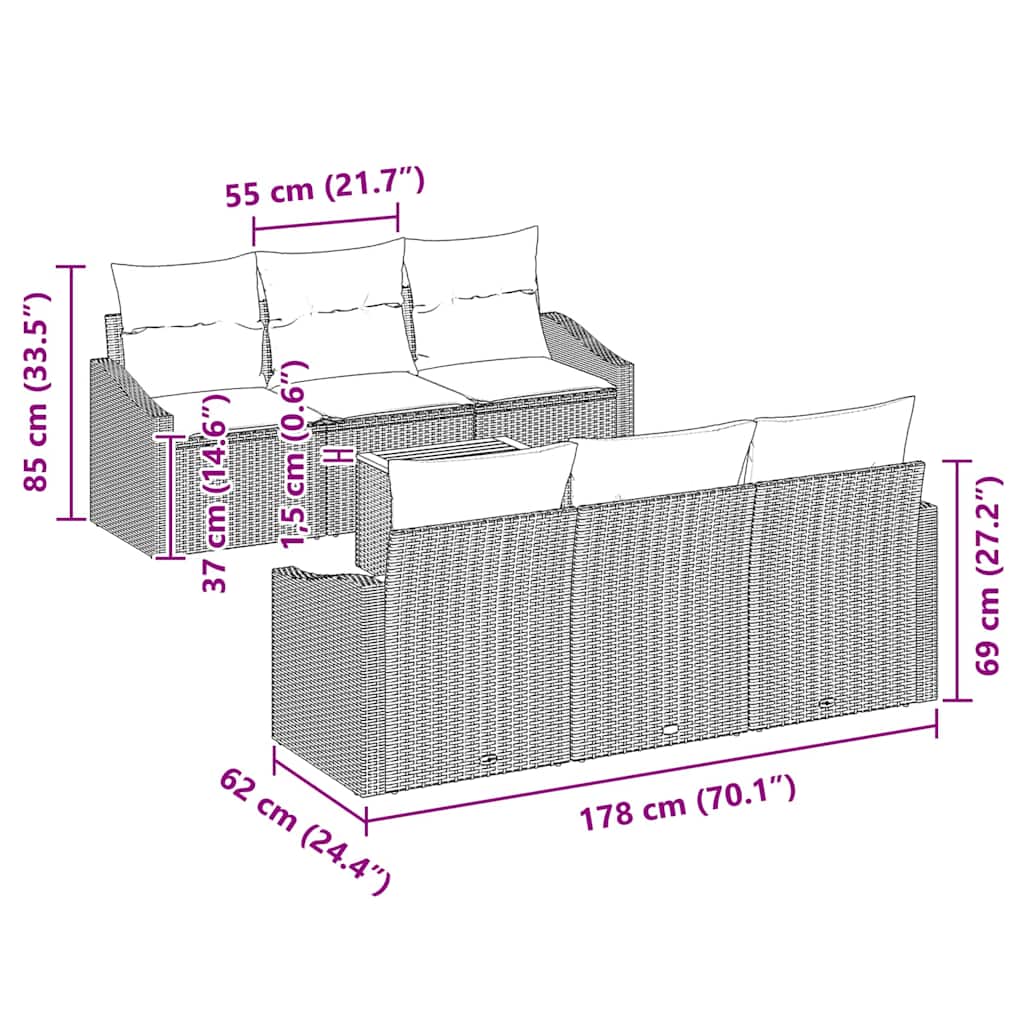 vidaXL Tuinbank Set met kussen 7 pcs Zwart poly rattan