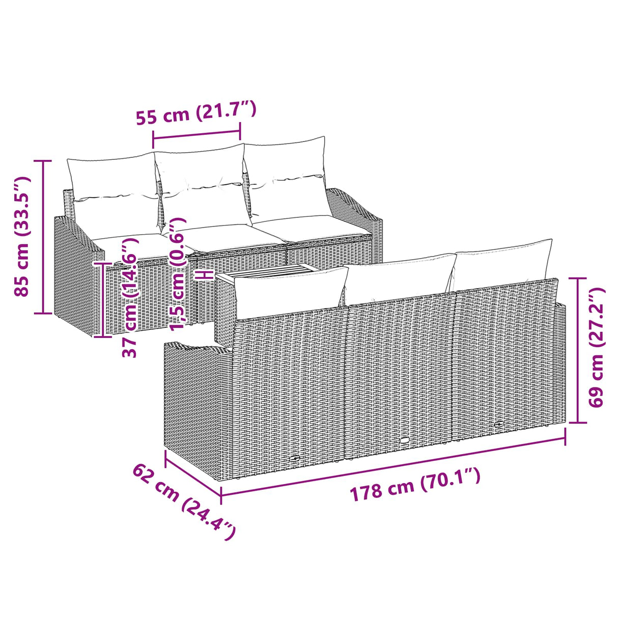 vidaXL Tuinbank Set met kussen 7 pcs Zwart poly rattan