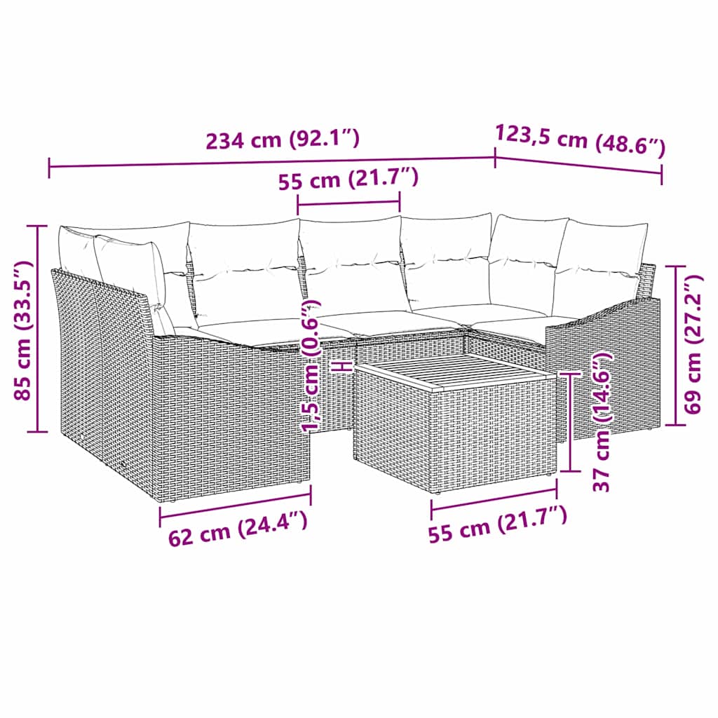 vidaXL Tuinbank Set met kussen 7 pcs Zwart poly rattan