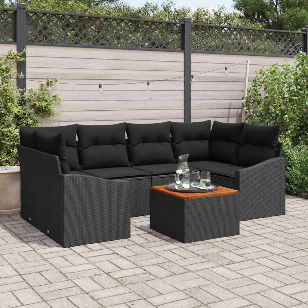 vidaXL Tuinbank Set met kussen 7 pcs Zwart poly rattan