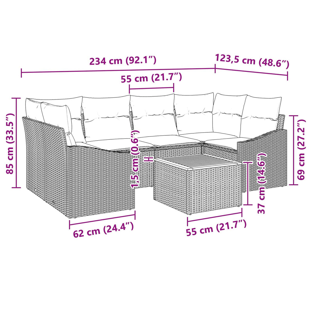 vidaXL Tuinbank Set met kussen 7 pcs Zwart poly rattan