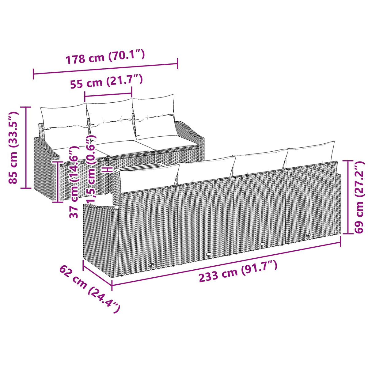 vidaXL Tuinbank Set met kussen 8 pcs Zwart poly rattan