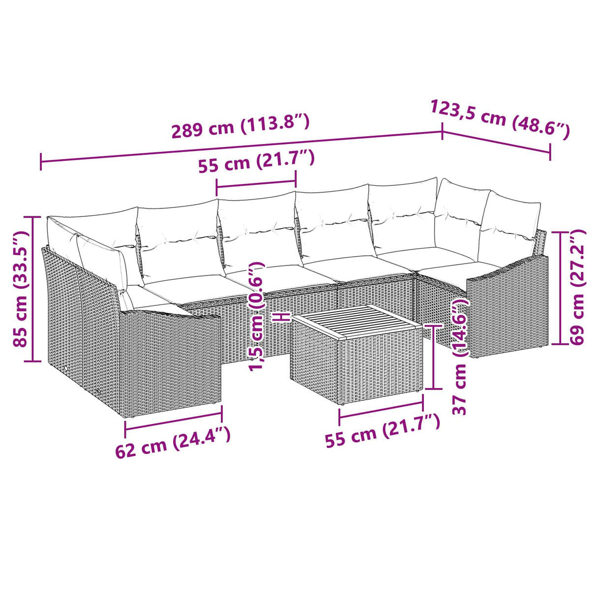 vidaXL Tuinbank Set met kussen 8 pcs Zwart poly rattan