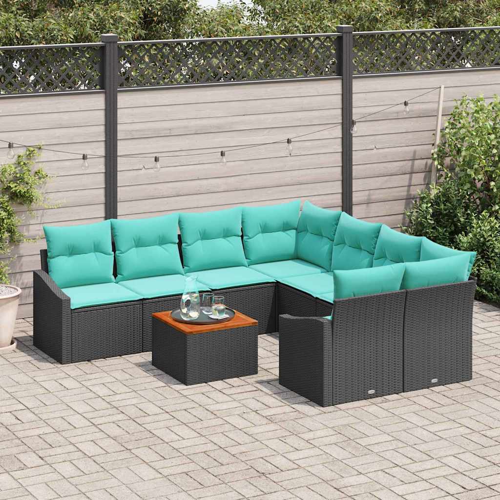 vidaXL Tuinbank Set met kussen 9 pcs Zwart poly rattan
